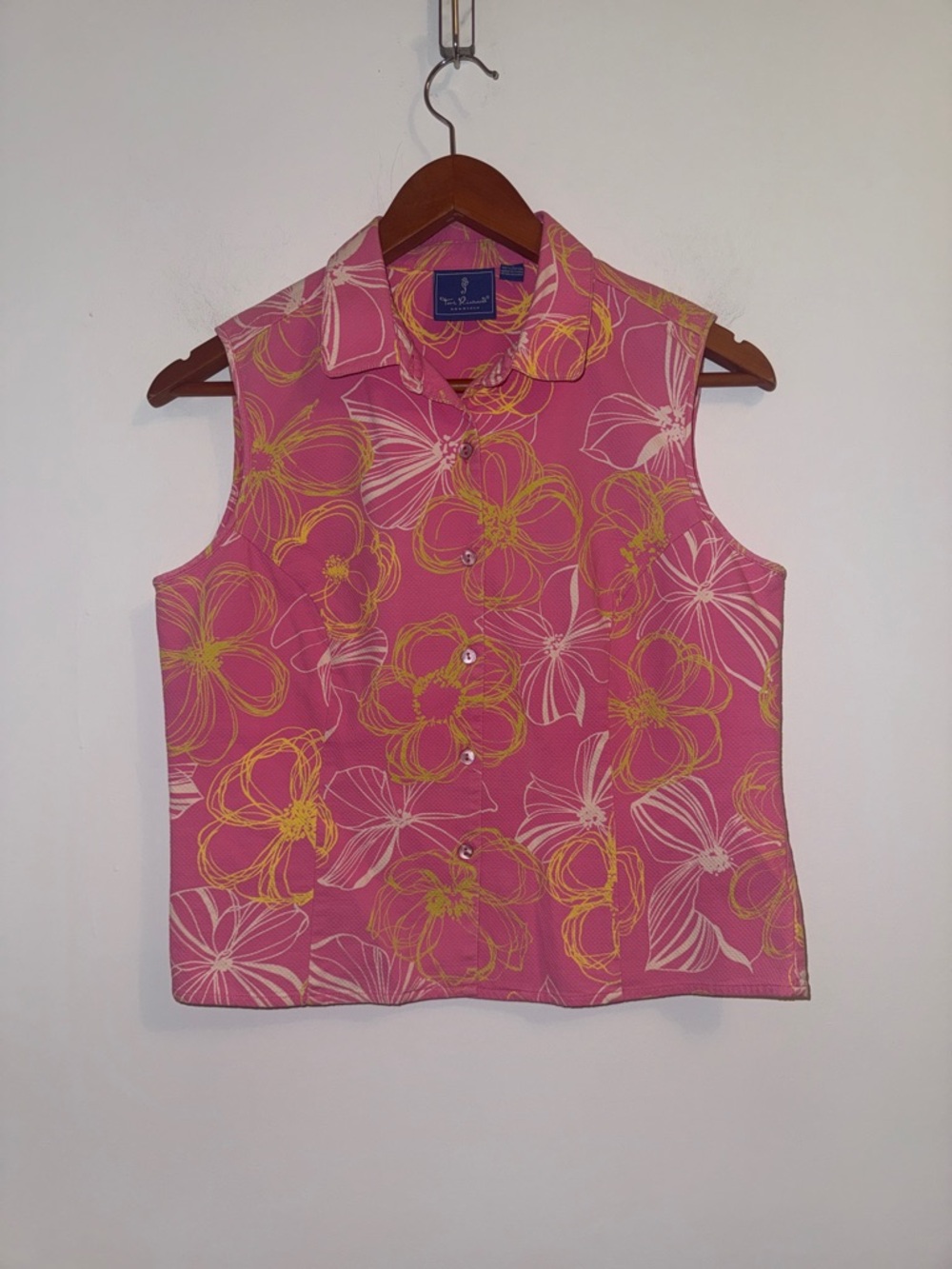 Tori Richard Honolulu Pink Floral Sleeveless Button Front Golf Resort Top Sz 10 - Picture 3 of 10